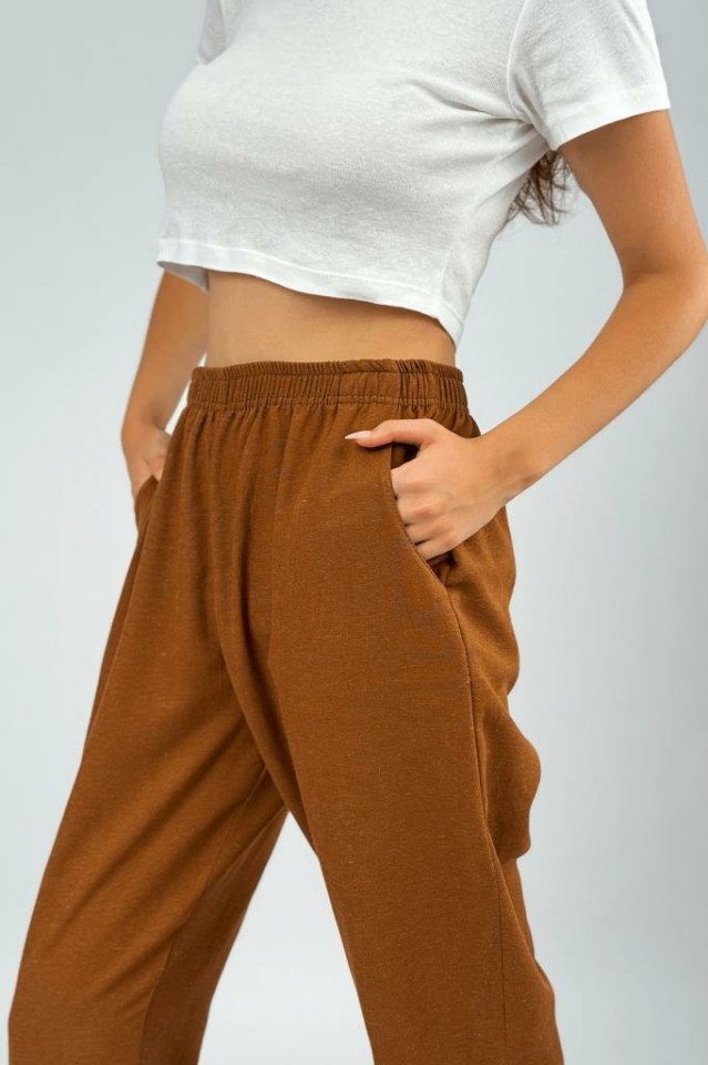 Kadın Pamuk Keten Cepli Bol Kesim Oversize Palazzo Pantolon KAHVERENGİ - S