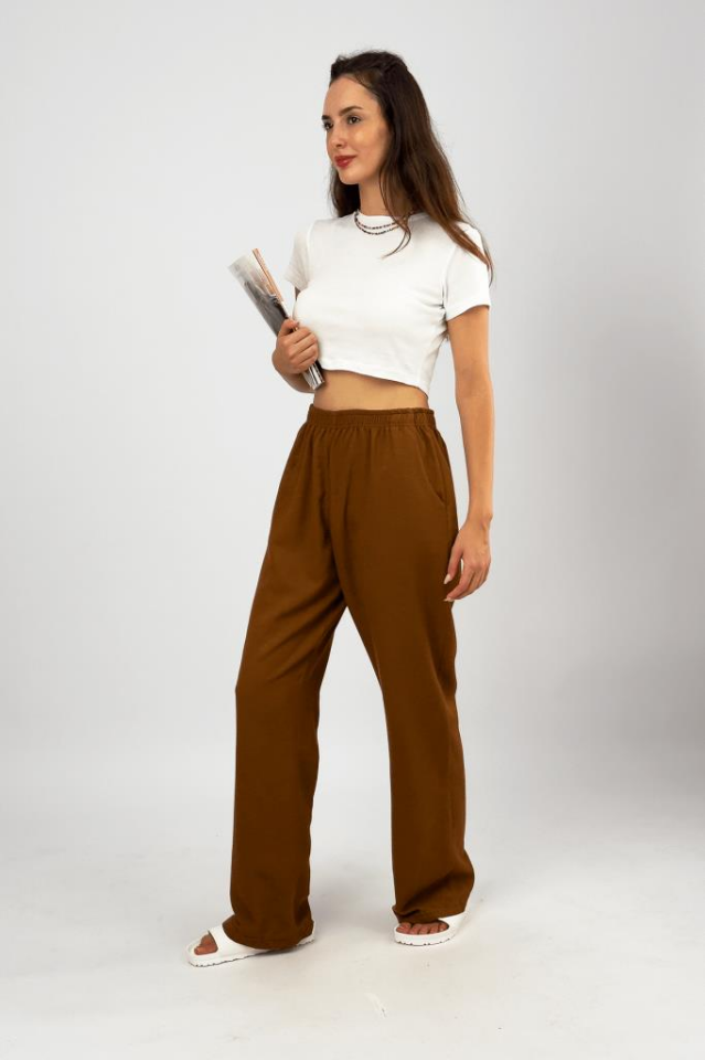 Kadın Pamuk Keten Cepli Bol Kesim Oversize Palazzo Pantolon KAHVERENGİ - M