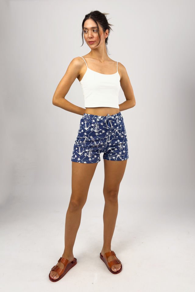 Kadın %100 Pamuklu Süprem Desenli Yumuşak Basic Mini Şort MS.Çapalı Lacivert - XL