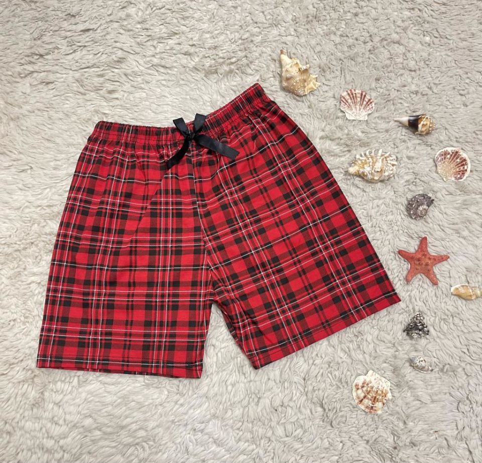 %100 Pamuk Kadın Yüksek Bel Dört Mevsim Şort Pijama Kırmızı Siyah - S