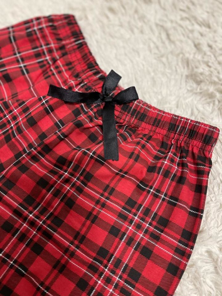 %100 Pamuk Kadın Yüksek Bel Dört Mevsim Şort Pijama Kırmızı Siyah - S