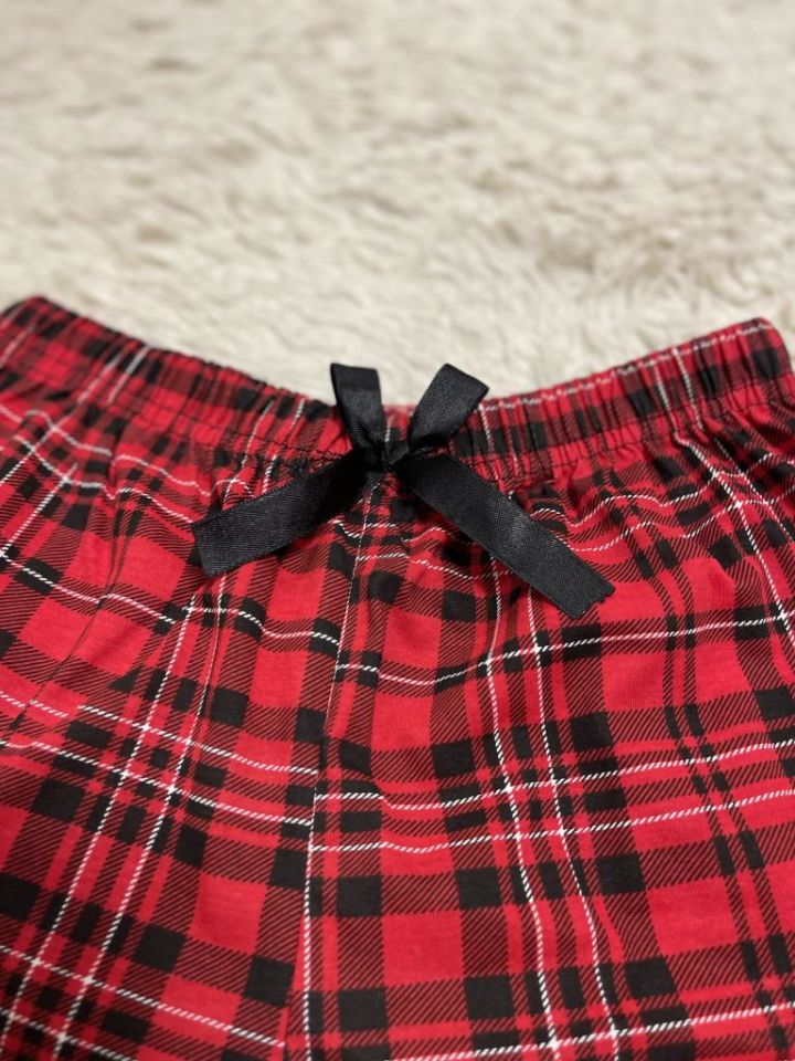 %100 Pamuk Kadın Yüksek Bel Dört Mevsim Şort Pijama Kırmızı Siyah - S
