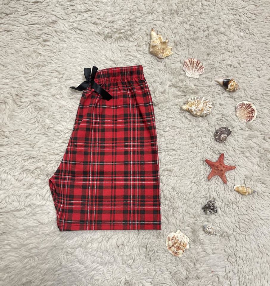 %100 Pamuk Kadın Yüksek Bel Dört Mevsim Şort Pijama Kırmızı Siyah - S