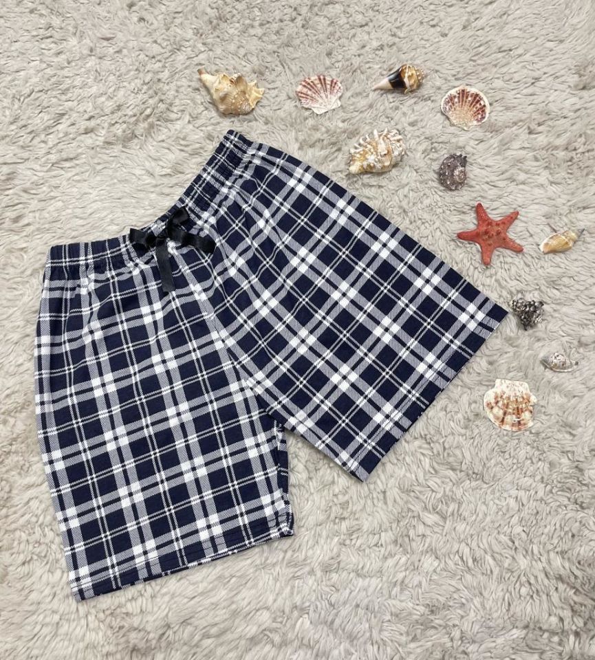 %100 Pamuk Kadın Yüksek Bel Dört Mevsim Şort Pijama Siyah Beyaz Kare - S