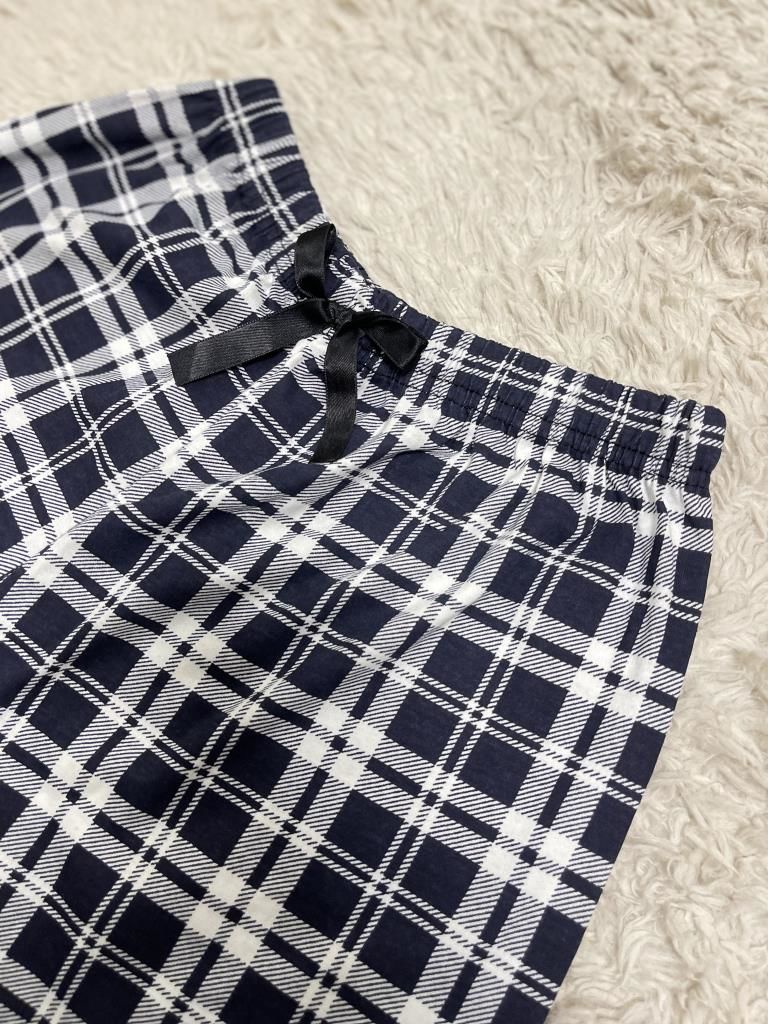 %100 Pamuk Kadın Yüksek Bel Dört Mevsim Şort Pijama Siyah Beyaz Kare - S