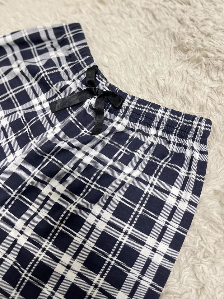 %100 Pamuk Kadın Yüksek Bel Dört Mevsim Şort Pijama Siyah Beyaz Kare - S