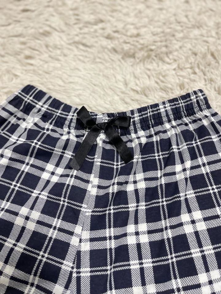 %100 Pamuk Kadın Yüksek Bel Dört Mevsim Şort Pijama Siyah Beyaz Kare - S