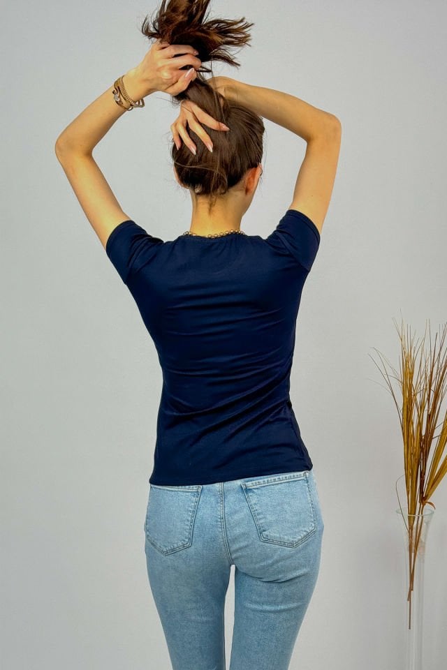 Kadın Kısa Kollu Bisiklet Yaka Body LACİVERT - L/XL