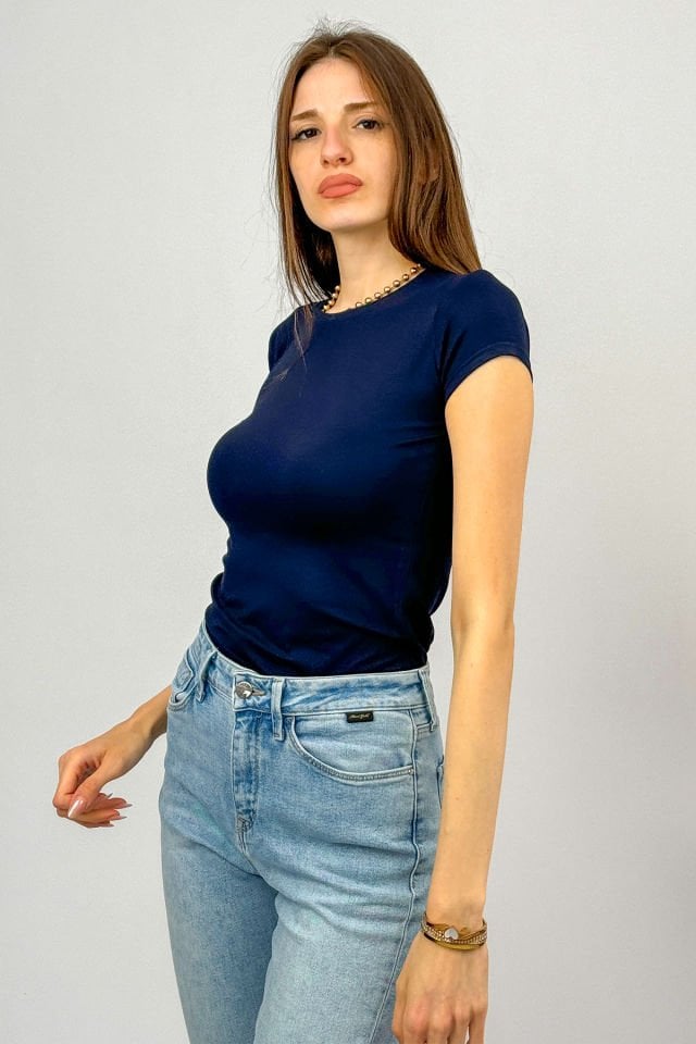 Kadın Kısa Kollu Bisiklet Yaka Body LACİVERT - L/XL