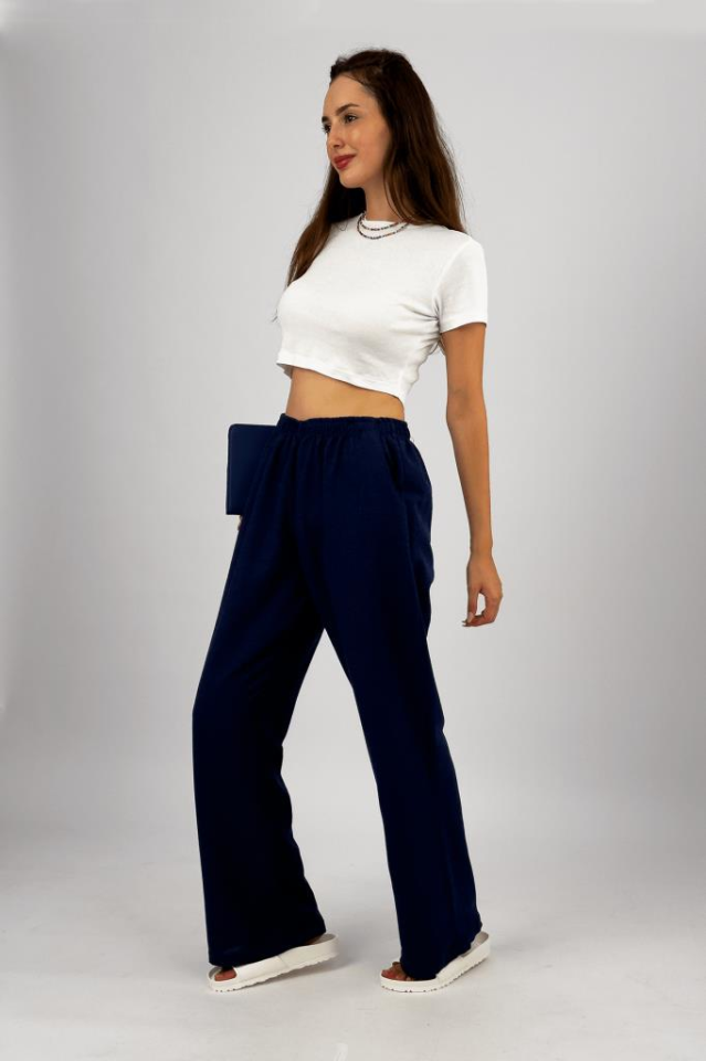 Kadın Pamuk Keten Cepli Bol Kesim Oversize Palazzo Pantolon LACİVERT - M
