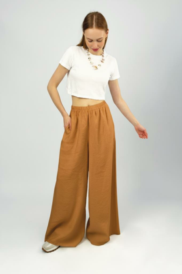 Kadın Modal Yüksek Bel Cepli Beli Lastikli Bol Paça Pantolon Kahve - M