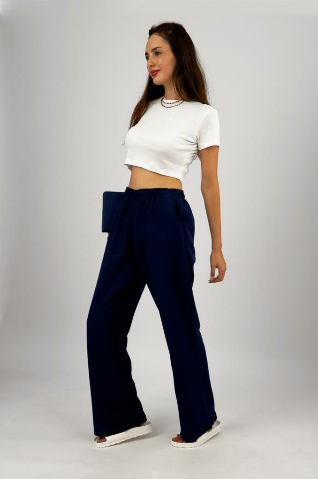 Kadın Pamuk Keten Cepli Bol Kesim Oversize Palazzo Pantolon LACİVERT - L