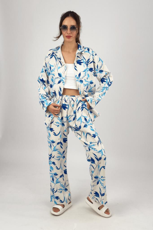 Kadın 2li Keten Gömlek Bol Paça Palazzo Pantolon Alt Üst Takım