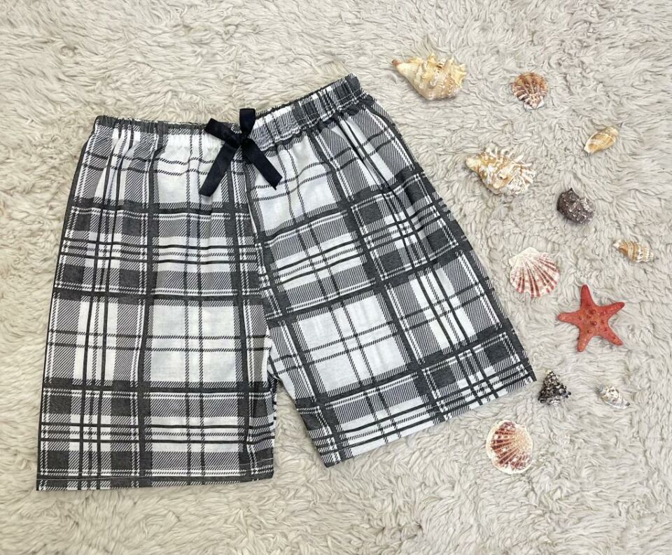 %100 Pamuk Kadın Yüksek Bel Dört Mevsim Şort Pijama Beyaz Siyah Kare - S