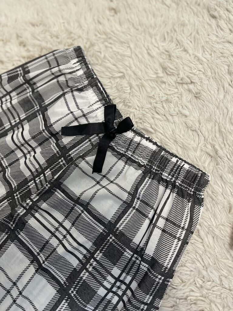 %100 Pamuk Kadın Yüksek Bel Dört Mevsim Şort Pijama Beyaz Siyah Kare - S