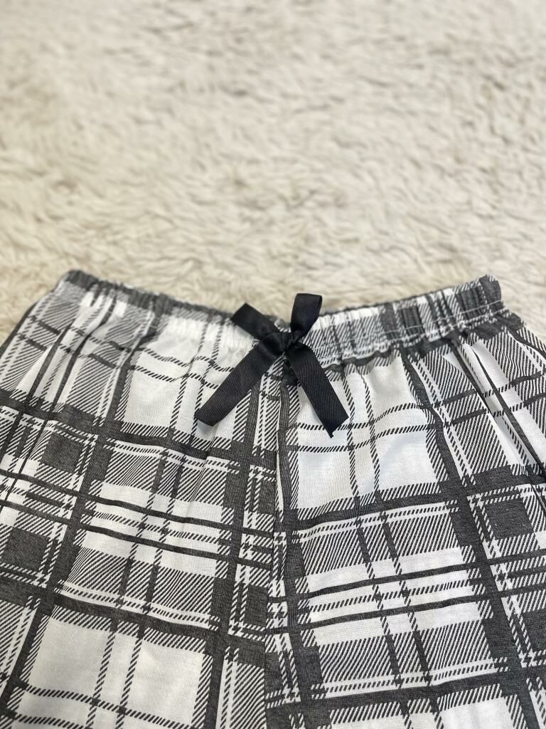 %100 Pamuk Kadın Yüksek Bel Dört Mevsim Şort Pijama Beyaz Siyah Kare - S