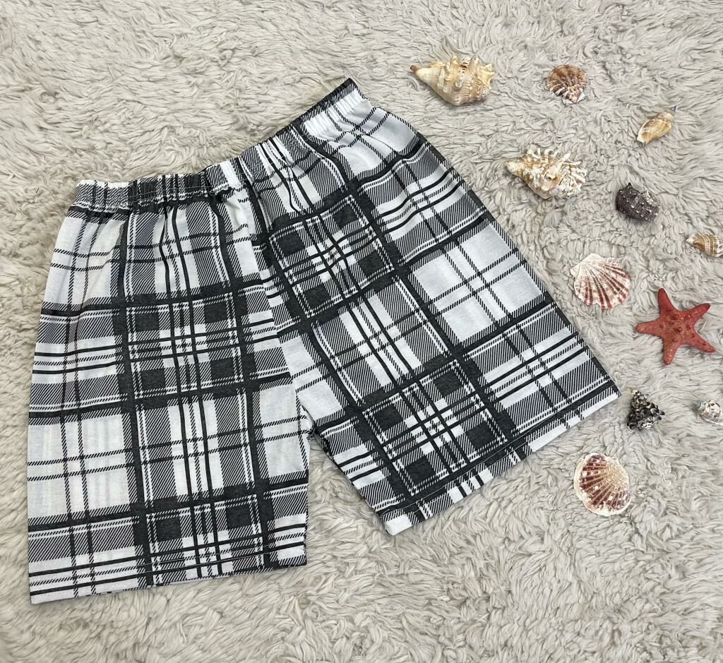 %100 Pamuk Kadın Yüksek Bel Dört Mevsim Şort Pijama Beyaz Siyah Kare - S