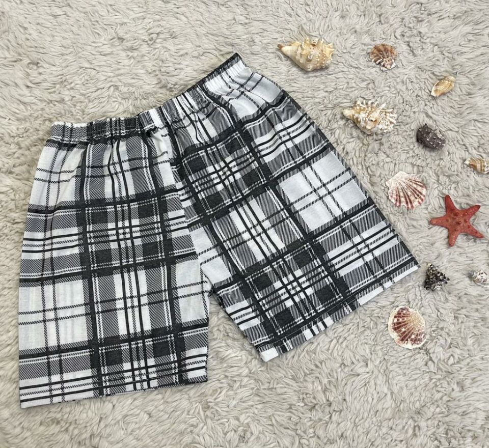 %100 Pamuk Kadın Yüksek Bel Dört Mevsim Şort Pijama Beyaz Siyah Kare - S