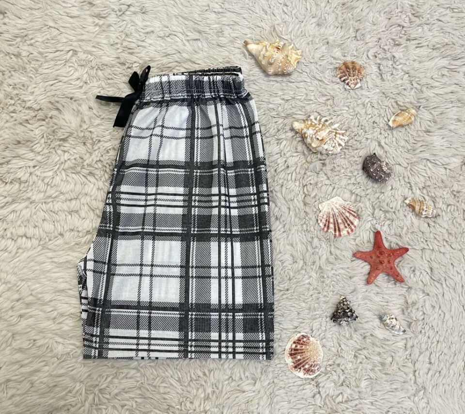 %100 Pamuk Kadın Yüksek Bel Dört Mevsim Şort Pijama Beyaz Siyah Kare - S