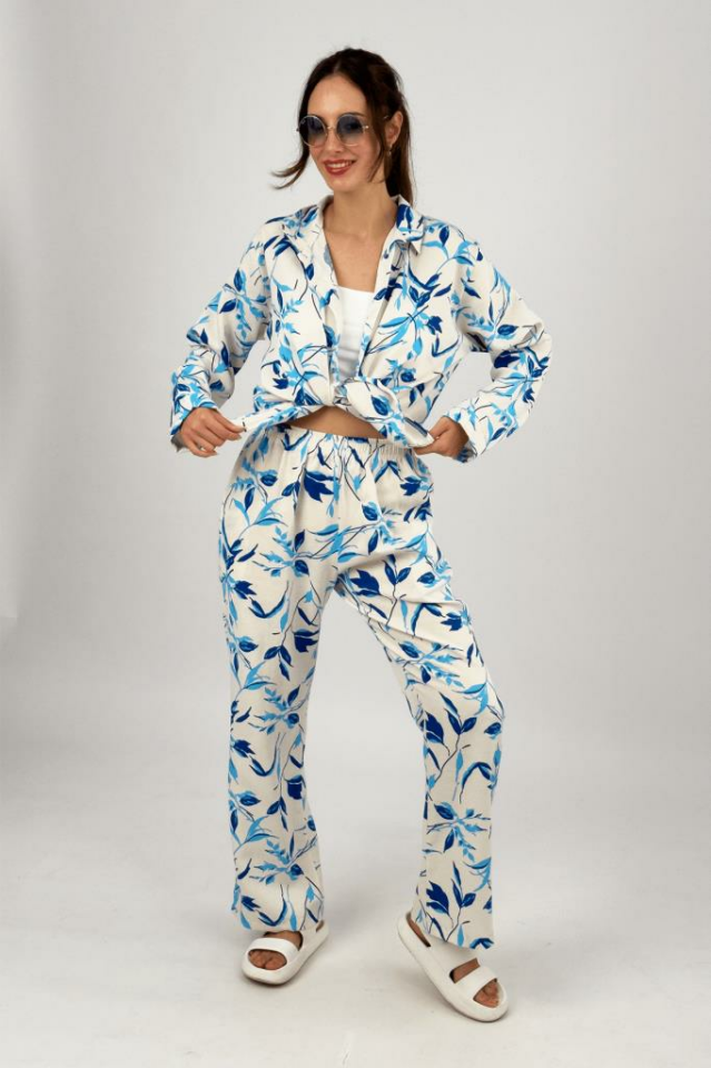 Kadın 2li Keten Gömlek Bol Paça Palazzo Pantolon Alt Üst Takım Açık Mavi - S