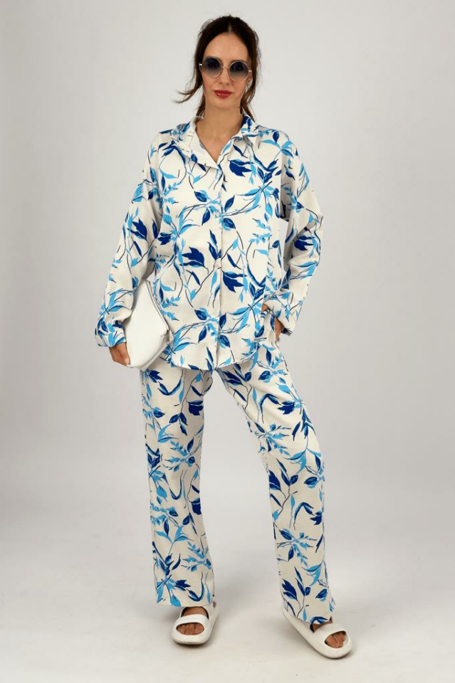 Kadın 2li Keten Gömlek Bol Paça Palazzo Pantolon Alt Üst Takım Açık Mavi - S