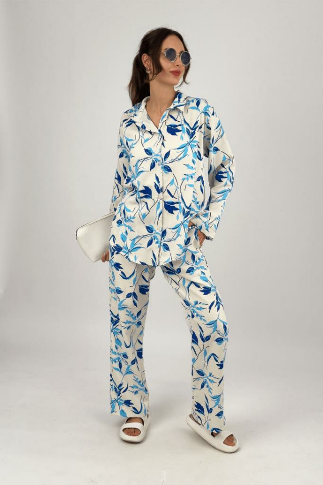 Kadın 2li Keten Gömlek Bol Paça Palazzo Pantolon Alt Üst Takım Açık Mavi - S