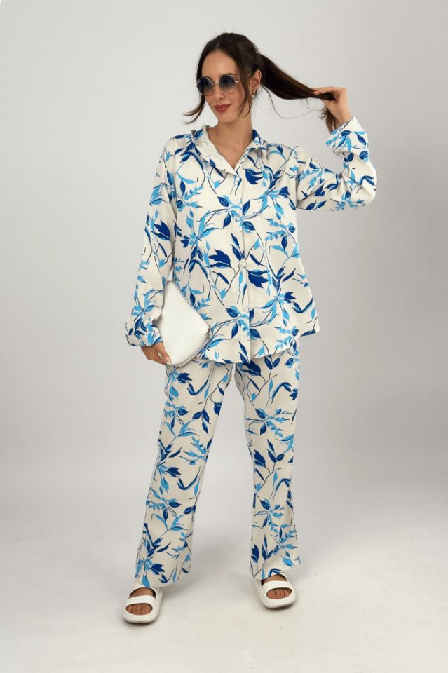 Kadın 2li Keten Gömlek Bol Paça Palazzo Pantolon Alt Üst Takım Açık Mavi - S