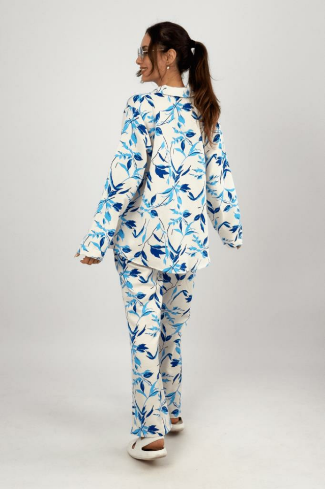 Kadın 2li Keten Gömlek Bol Paça Palazzo Pantolon Alt Üst Takım Açık Mavi - S