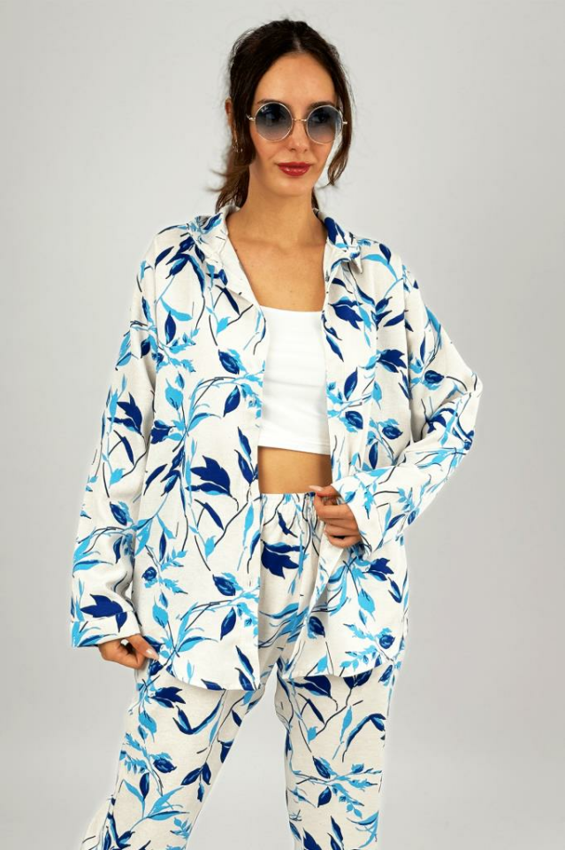 Kadın 2li Keten Gömlek Bol Paça Palazzo Pantolon Alt Üst Takım Açık Mavi - S