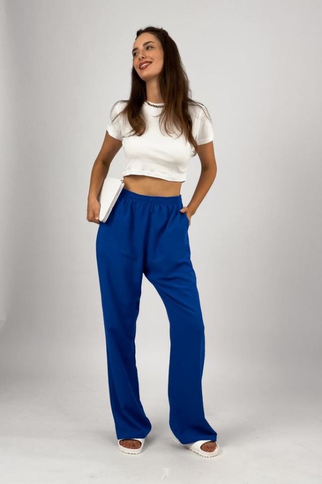 Kadın Pamuk Keten Cepli Bol Kesim Oversize Palazzo Pantolon Saks Mavi - L
