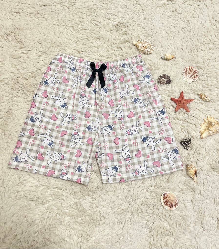 %100 Pamuk Kadın Yüksek Bel Dört Mevsim Şort Pijama Pembe Tavşan - M