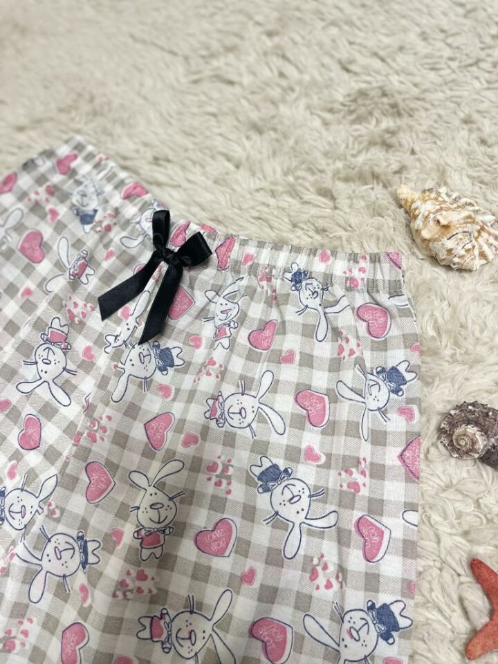 %100 Pamuk Kadın Yüksek Bel Dört Mevsim Şort Pijama Pembe Tavşan - M