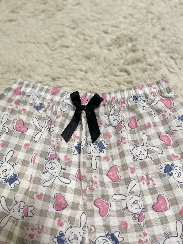 %100 Pamuk Kadın Yüksek Bel Dört Mevsim Şort Pijama Pembe Tavşan - M