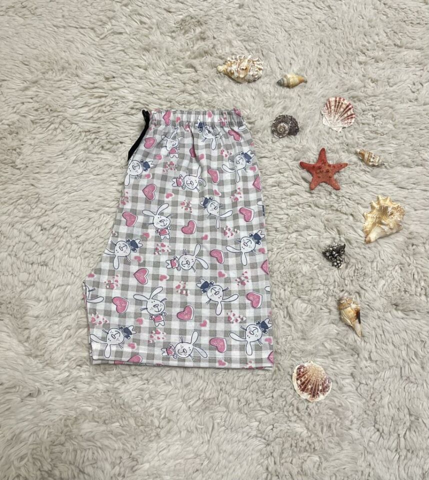 %100 Pamuk Kadın Yüksek Bel Dört Mevsim Şort Pijama Pembe Tavşan - M
