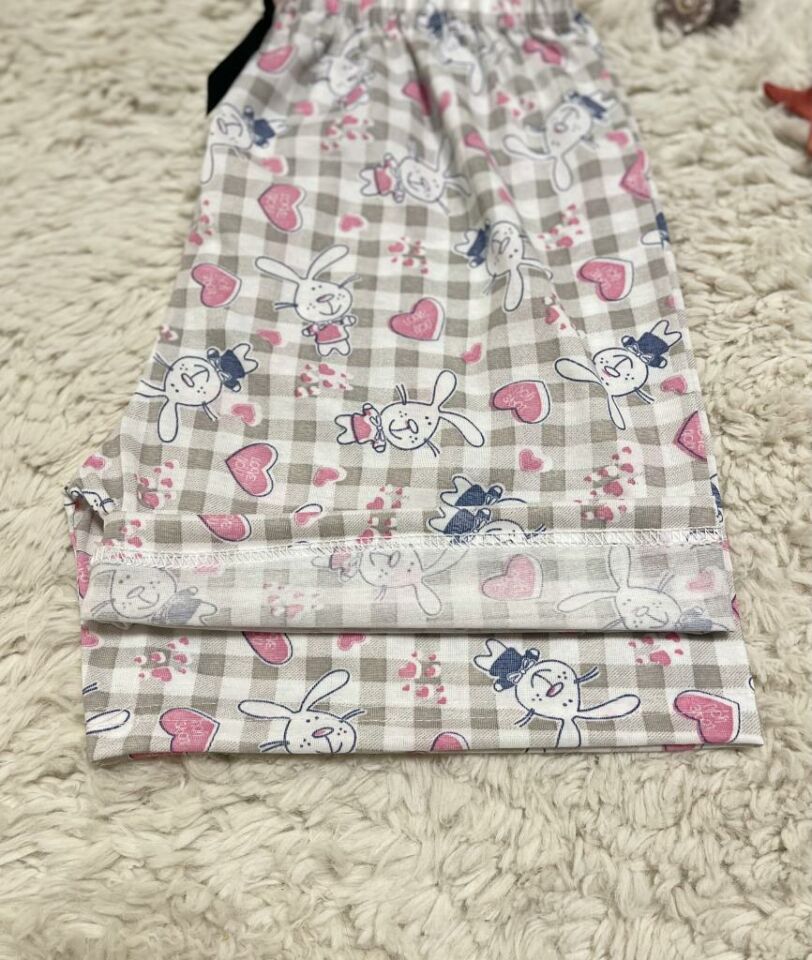 %100 Pamuk Kadın Yüksek Bel Dört Mevsim Şort Pijama Pembe Tavşan - M