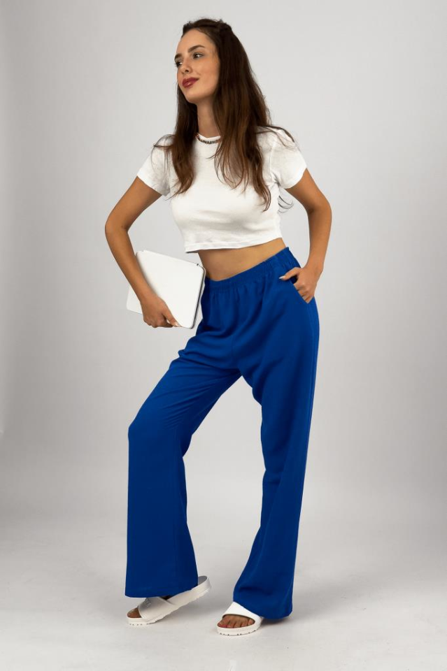 Kadın Pamuk Keten Cepli Bol Kesim Oversize Palazzo Pantolon Saks Mavi - XL