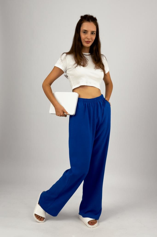 Kadın Pamuk Keten Cepli Bol Kesim Oversize Palazzo Pantolon Saks Mavi - XL