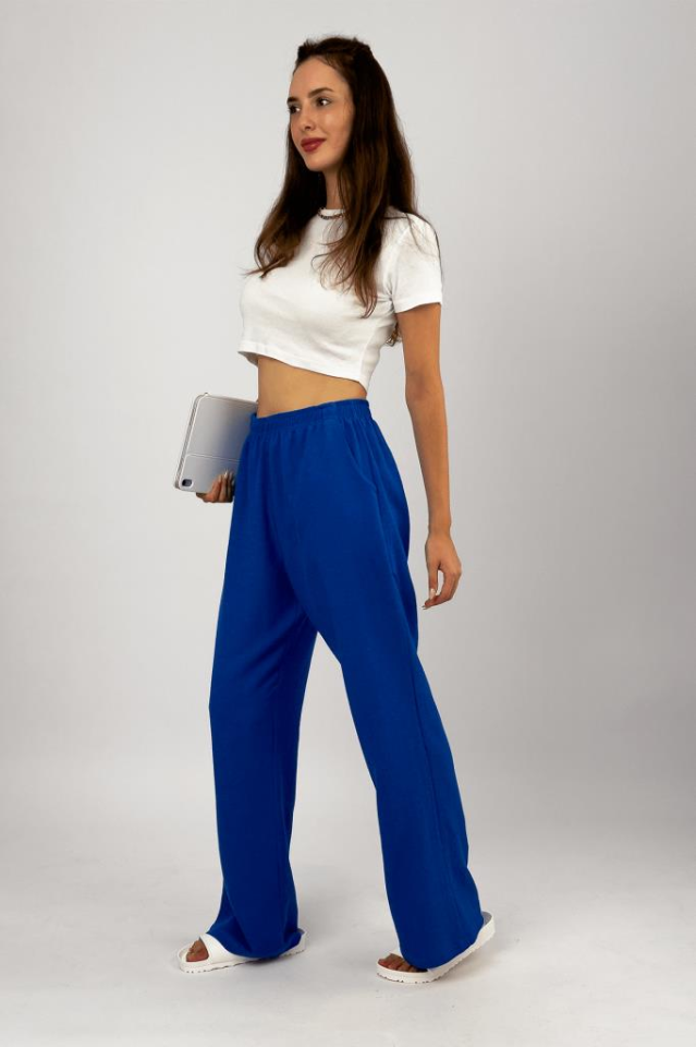 Kadın Pamuk Keten Cepli Bol Kesim Oversize Palazzo Pantolon Saks Mavi - XL