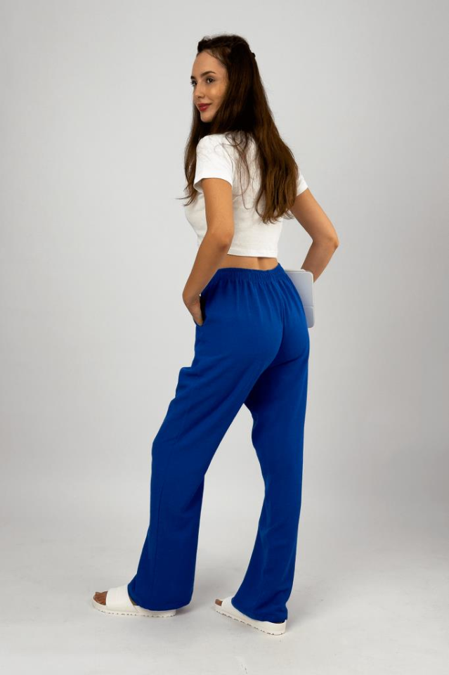 Kadın Pamuk Keten Cepli Bol Kesim Oversize Palazzo Pantolon Saks Mavi - XL