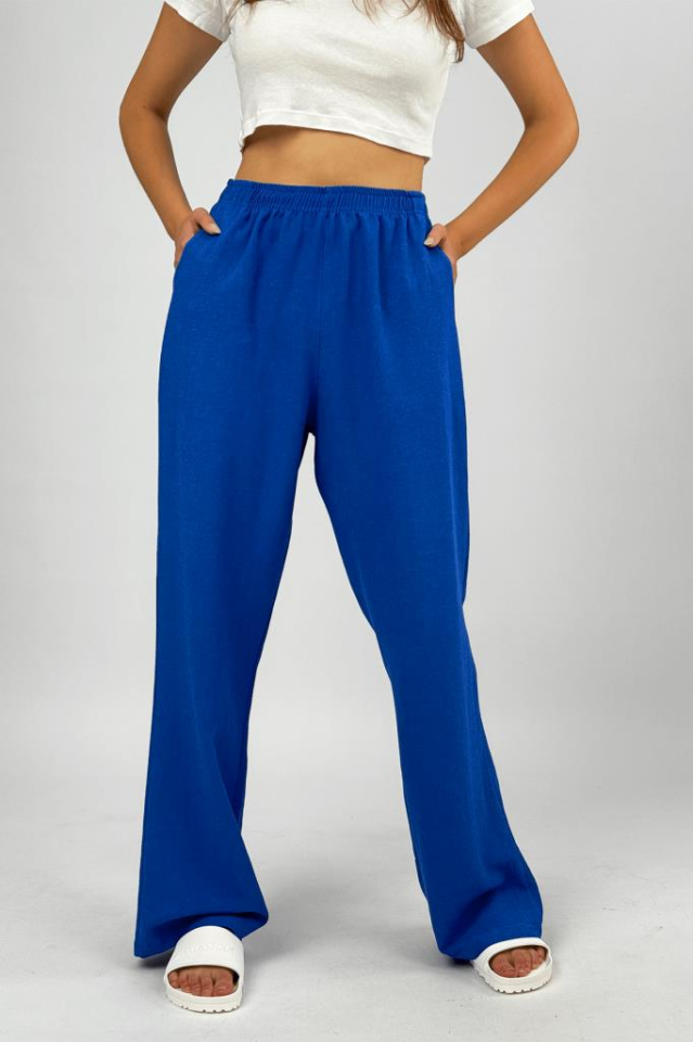 Kadın Pamuk Keten Cepli Bol Kesim Oversize Palazzo Pantolon Saks Mavi - XL