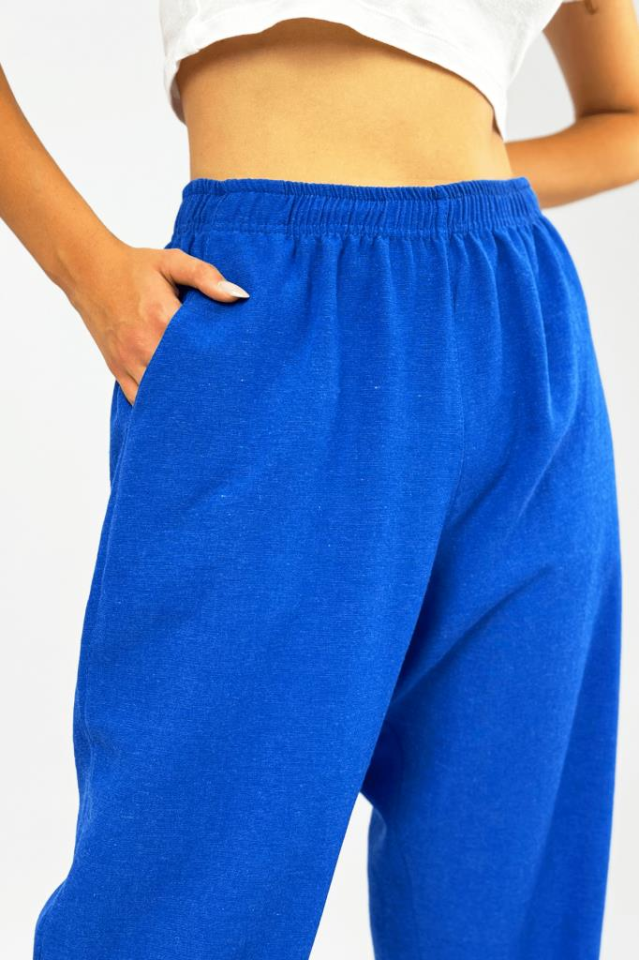 Kadın Pamuk Keten Cepli Bol Kesim Oversize Palazzo Pantolon Saks Mavi - XL