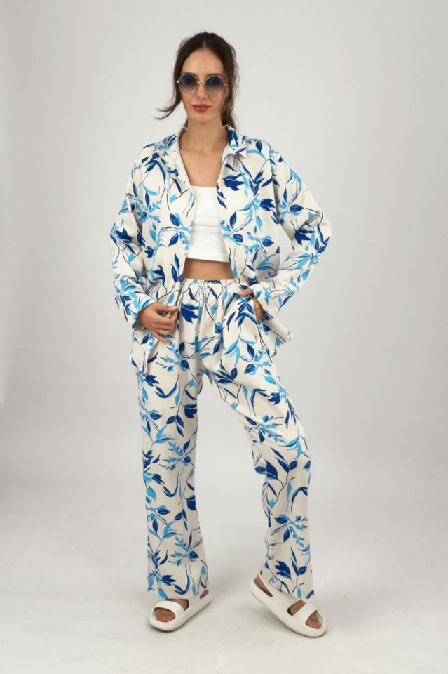 Kadın 2li Keten Gömlek Bol Paça Palazzo Pantolon Alt Üst Takım Açık Mavi - XL