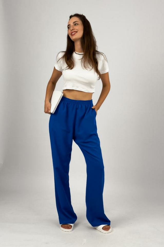 Kadın Pamuk Keten Cepli Bol Kesim Oversize Palazzo Pantolon Saks Mavi - 2XL