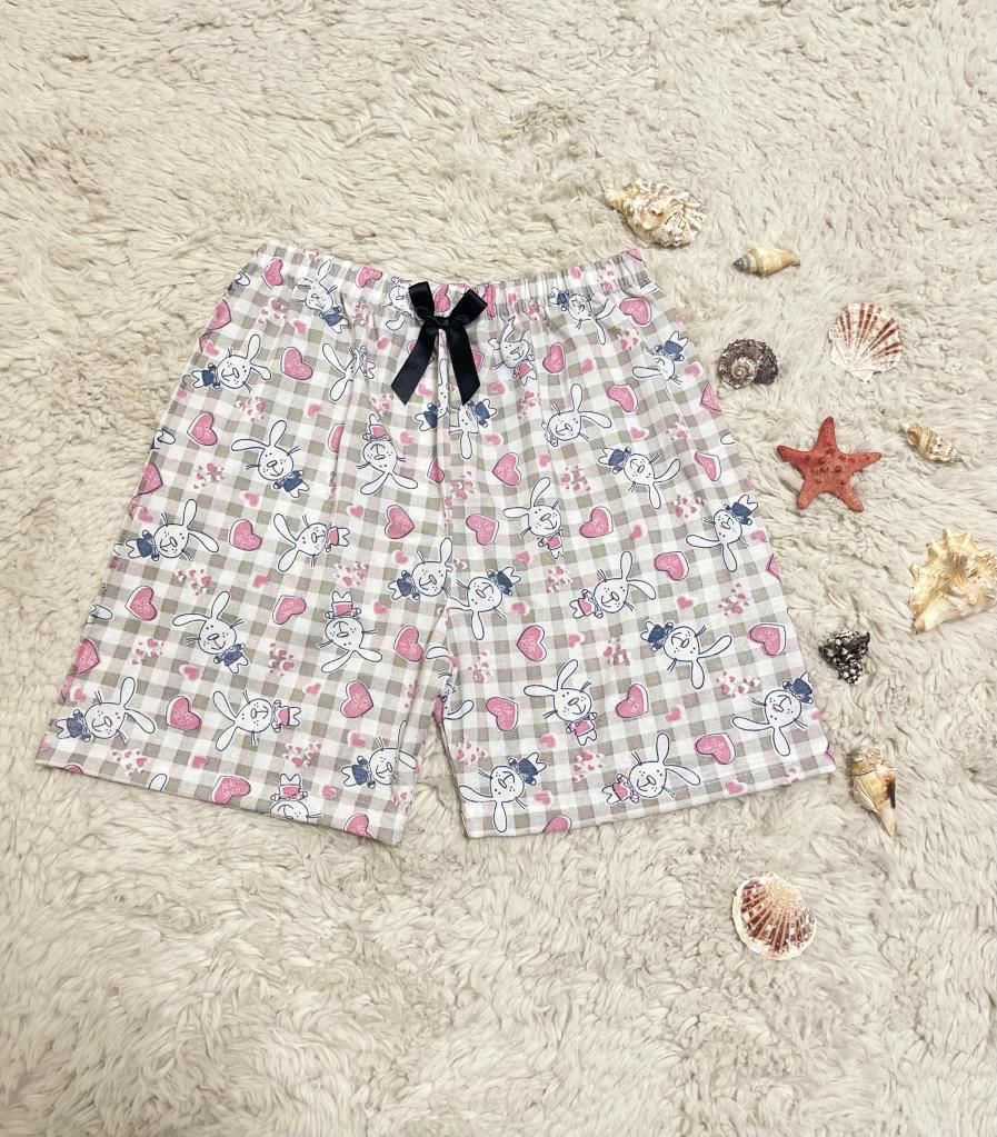 %100 Pamuk Kadın Yüksek Bel Dört Mevsim Şort Pijama Pembe Tavşan - L