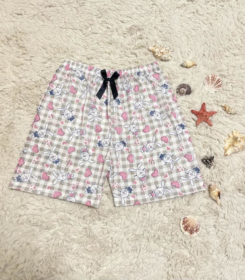 %100 Pamuk Kadın Yüksek Bel Dört Mevsim Şort Pijama Pembe Tavşan - L