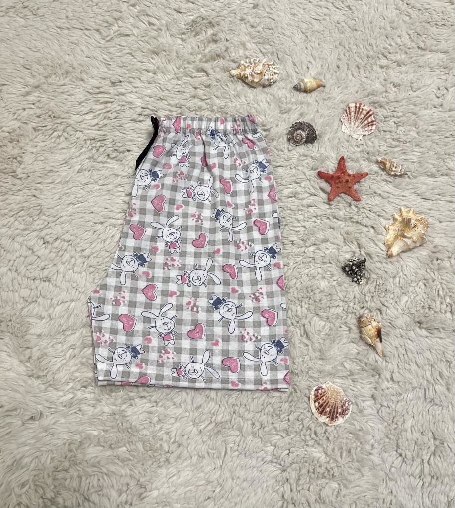 %100 Pamuk Kadın Yüksek Bel Dört Mevsim Şort Pijama Pembe Tavşan - L