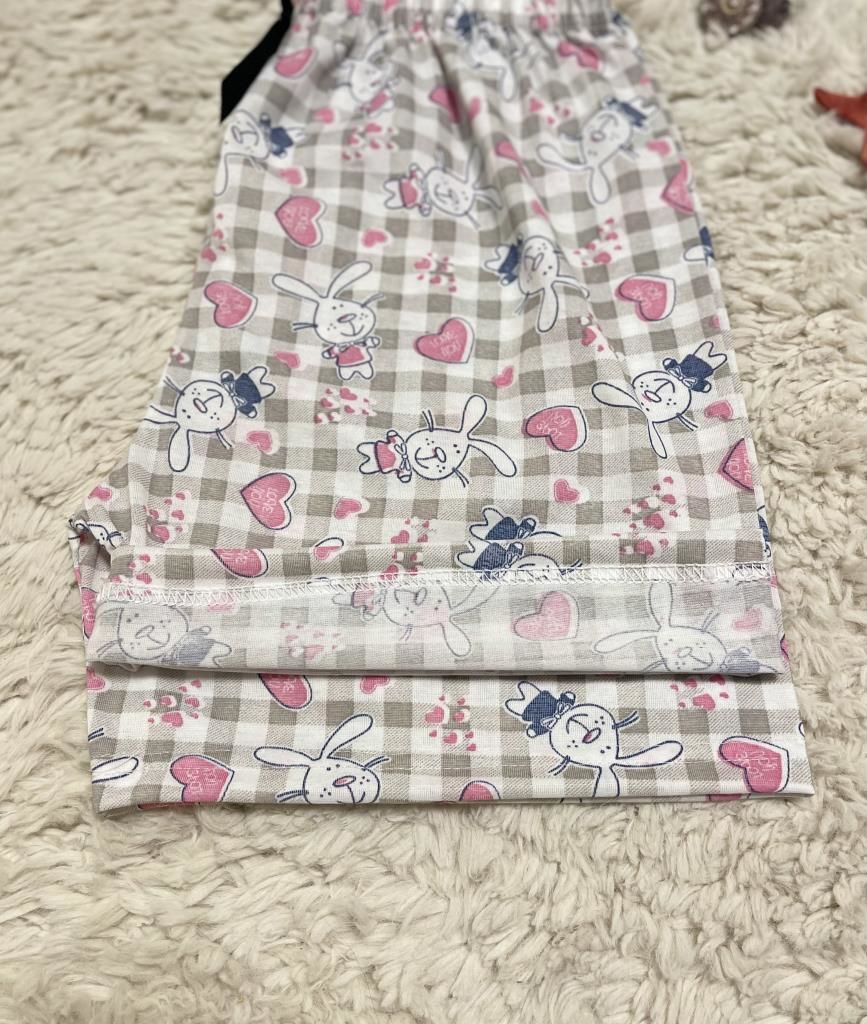 %100 Pamuk Kadın Yüksek Bel Dört Mevsim Şort Pijama Pembe Tavşan - L