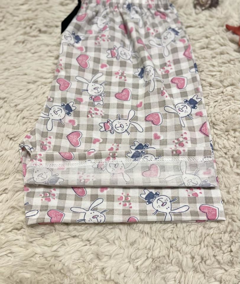 %100 Pamuk Kadın Yüksek Bel Dört Mevsim Şort Pijama Pembe Tavşan - L