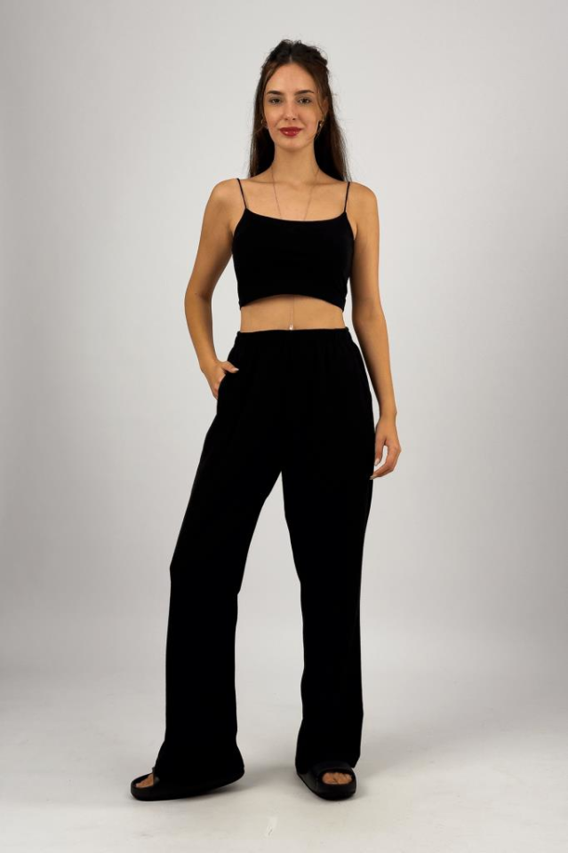 Kadın Pamuk Keten Cepli Bol Kesim Oversize Palazzo Pantolon SİYAH - XL