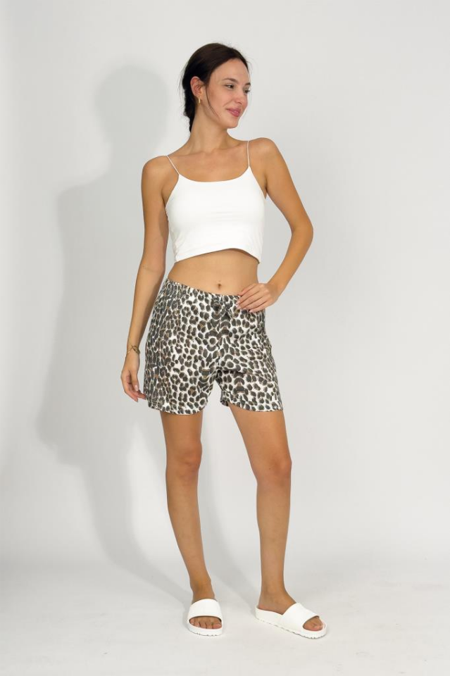 Kadın Dört Mevsim Poliviskon Kurdeleli Şort Leopar - 3XL